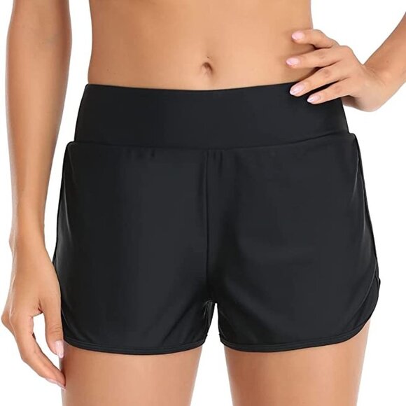 Relleciga Women's High Waisted Swim Shorts Black - Picture 2 of 9
